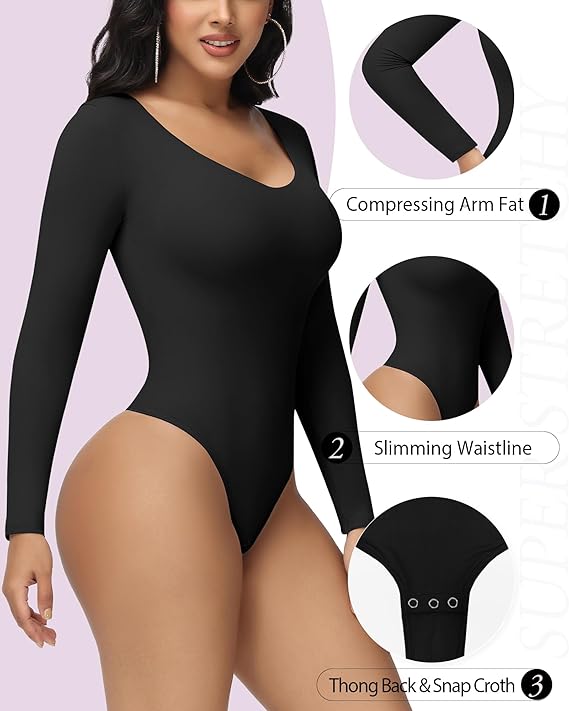 Shapshe® Women's Long Sleeve V Neck Seamless Bodysuits Tummy Control Thong Shapewear - By Qivii