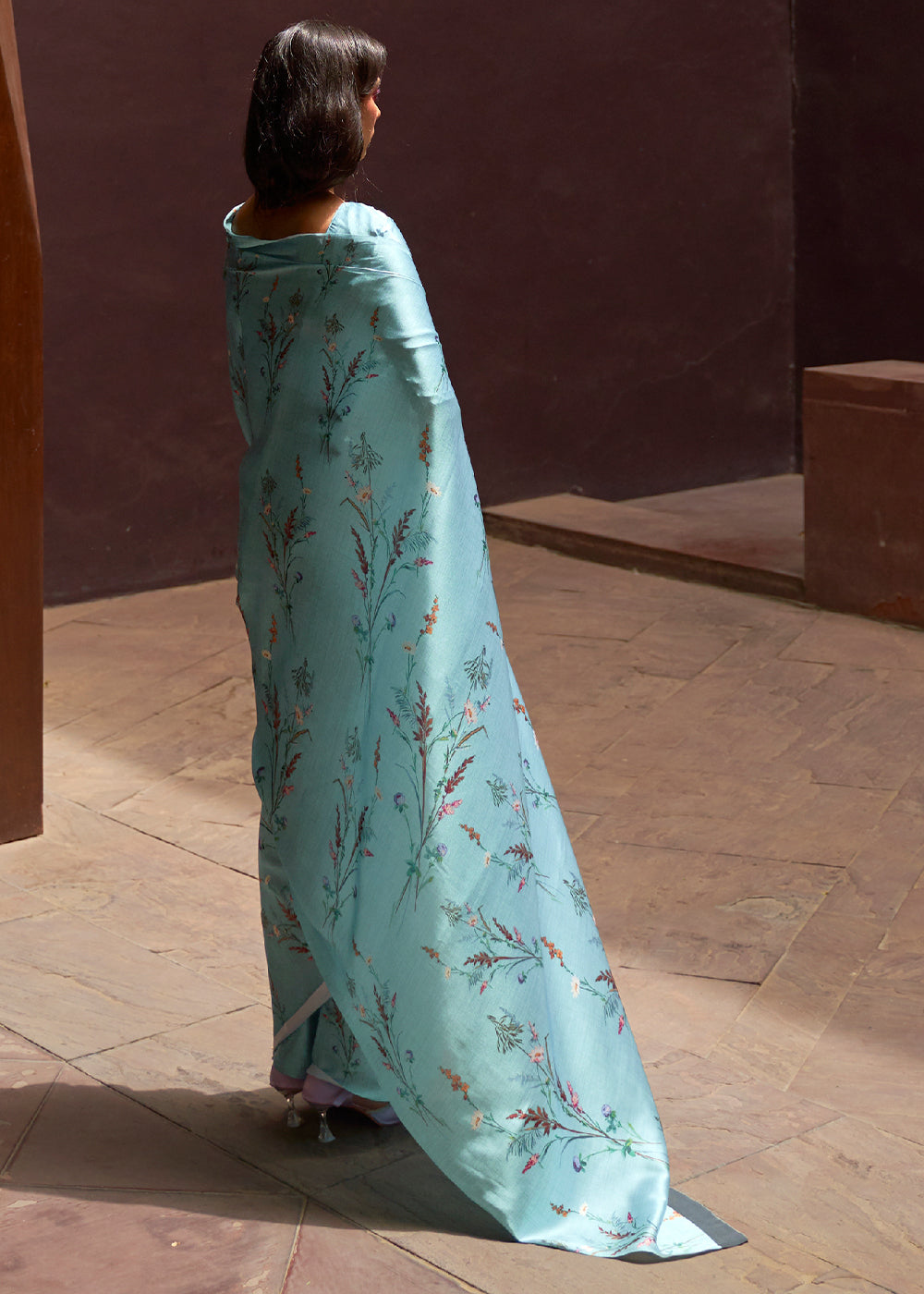 Frost Blue Floral Printed Satin Crepe Saree - qivii