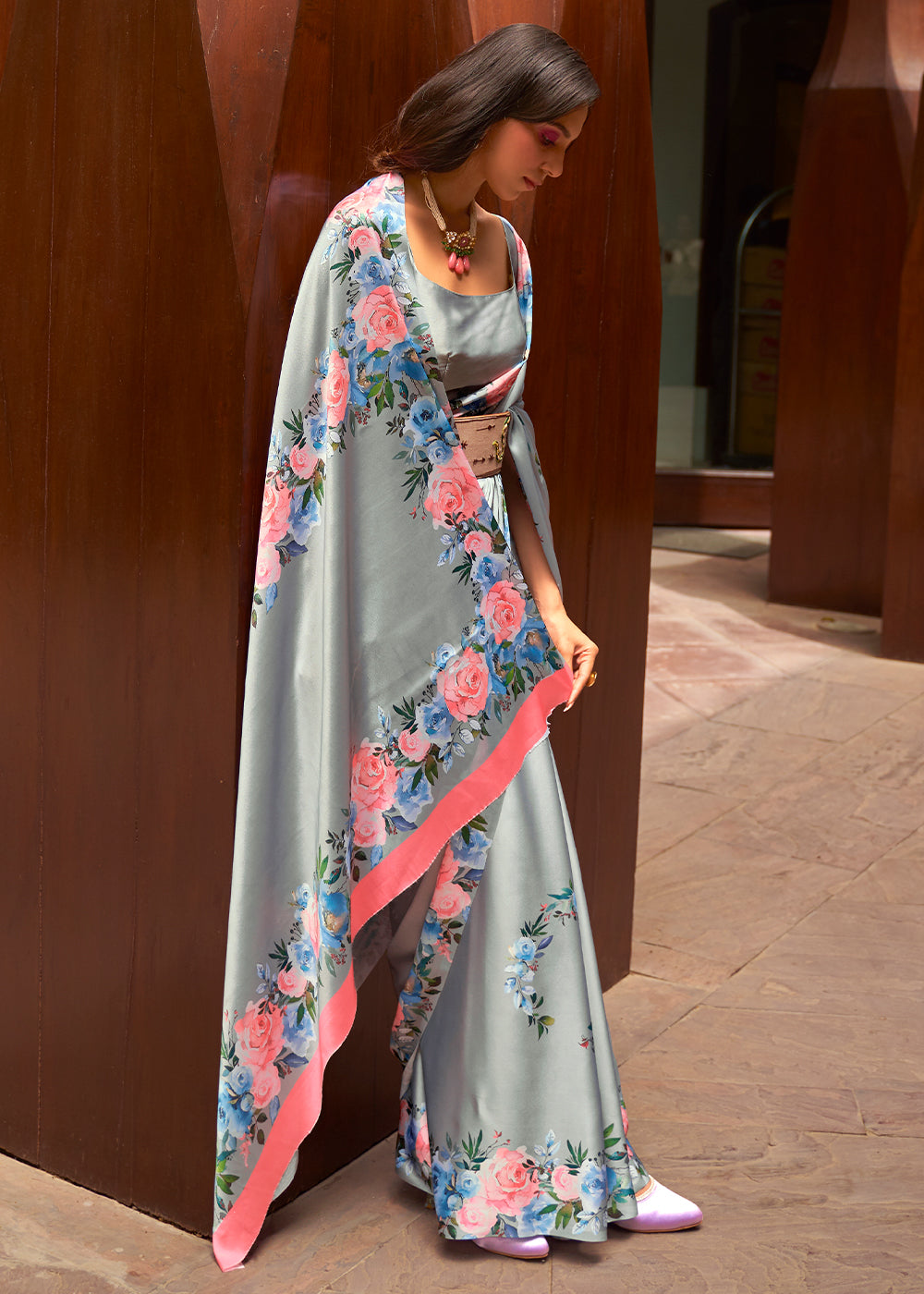 Metal Grey Floral Printed Satin Crepe Saree - qivii
