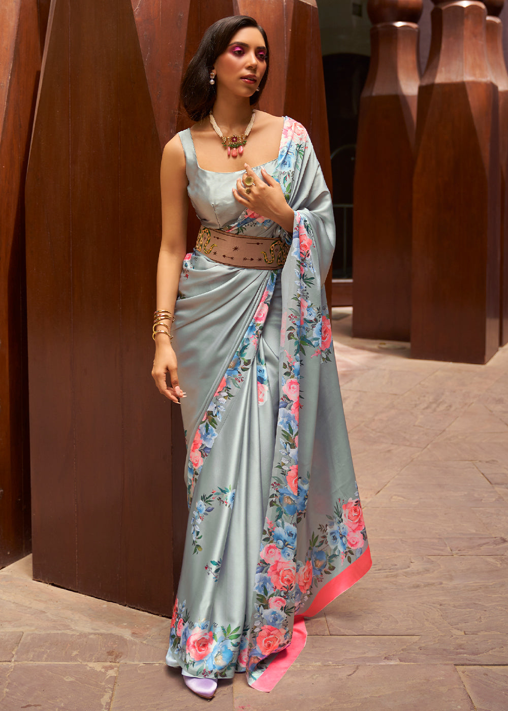 Metal Grey Floral Printed Satin Crepe Saree - qivii