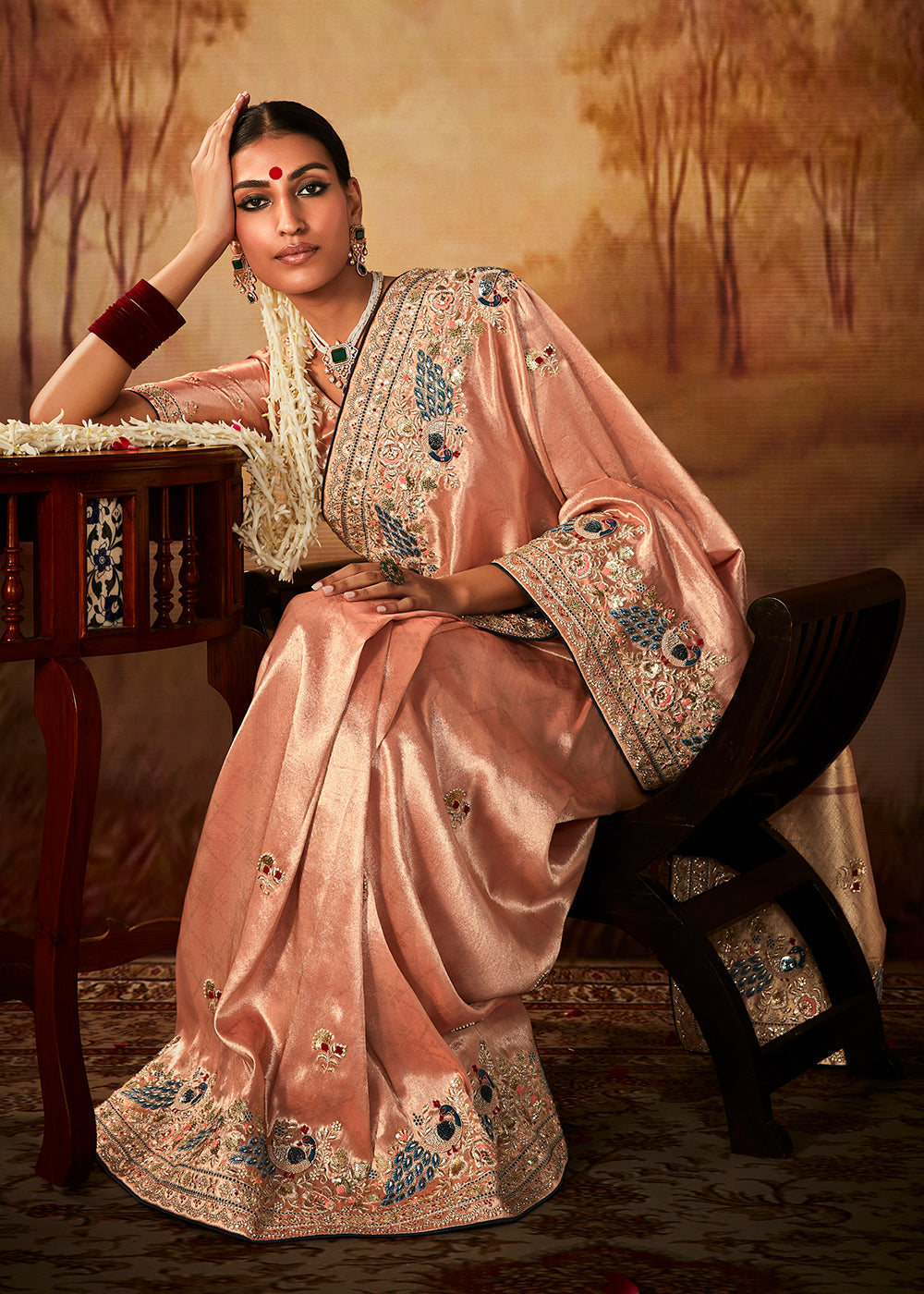 Light Peach Pink Woven Banarasi Silk Saree with Sequin,Stone,Zardosi,Khatli & Pearl work - qivii
