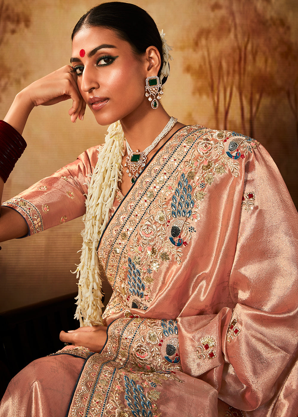 Light Peach Pink Woven Banarasi Silk Saree with Sequin,Stone,Zardosi,Khatli & Pearl work - qivii