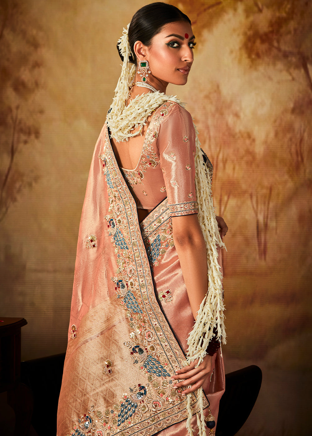 Light Peach Pink Woven Banarasi Silk Saree with Sequin,Stone,Zardosi,Khatli & Pearl work - qivii