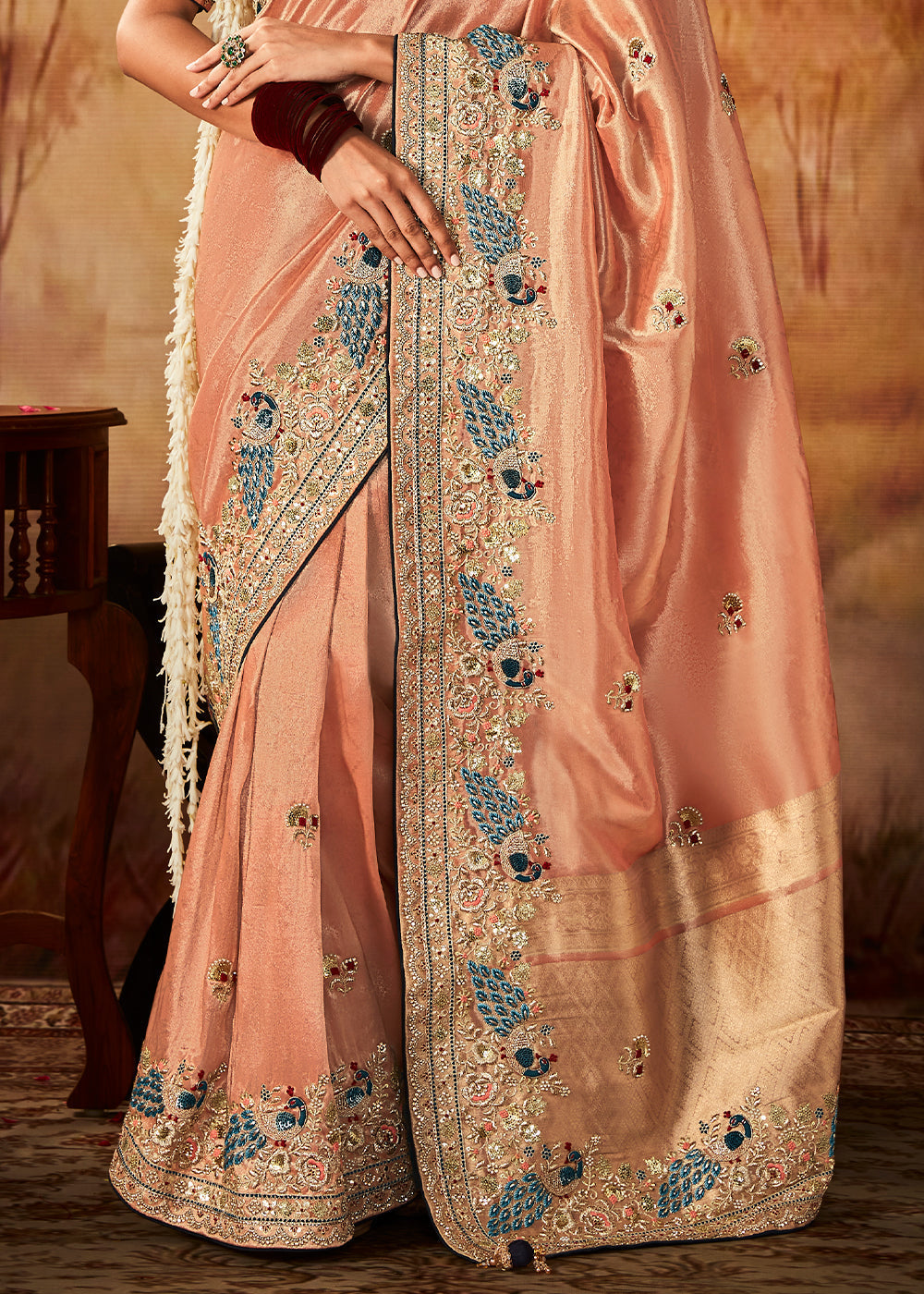 Light Peach Pink Woven Banarasi Silk Saree with Sequin,Stone,Zardosi,Khatli & Pearl work - qivii