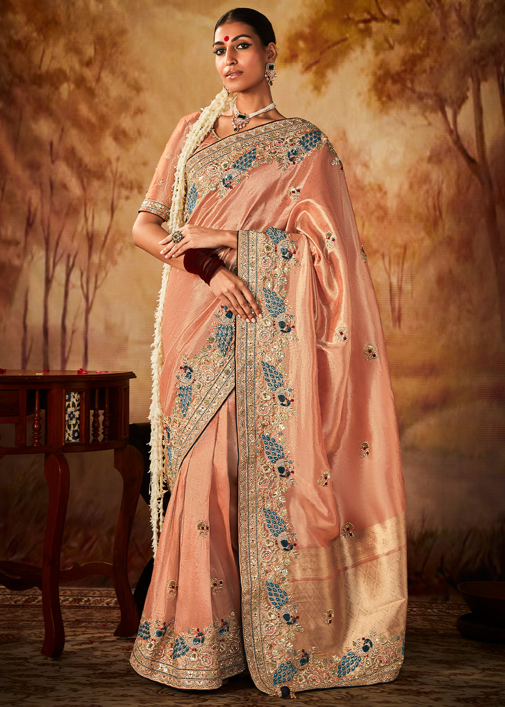 Light Peach Pink Woven Banarasi Silk Saree with Sequin,Stone,Zardosi,Khatli & Pearl work - qivii