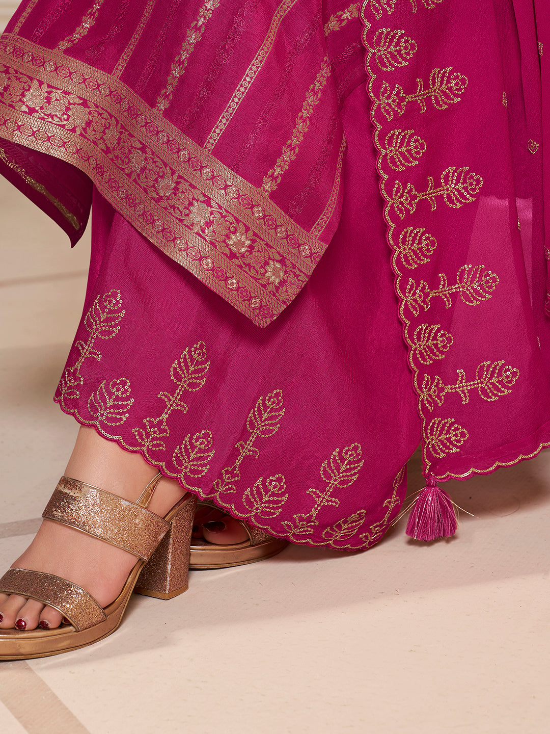 Pink Dola Silk Palazzo Suit Set with Zari and Self Weave Top - qivii