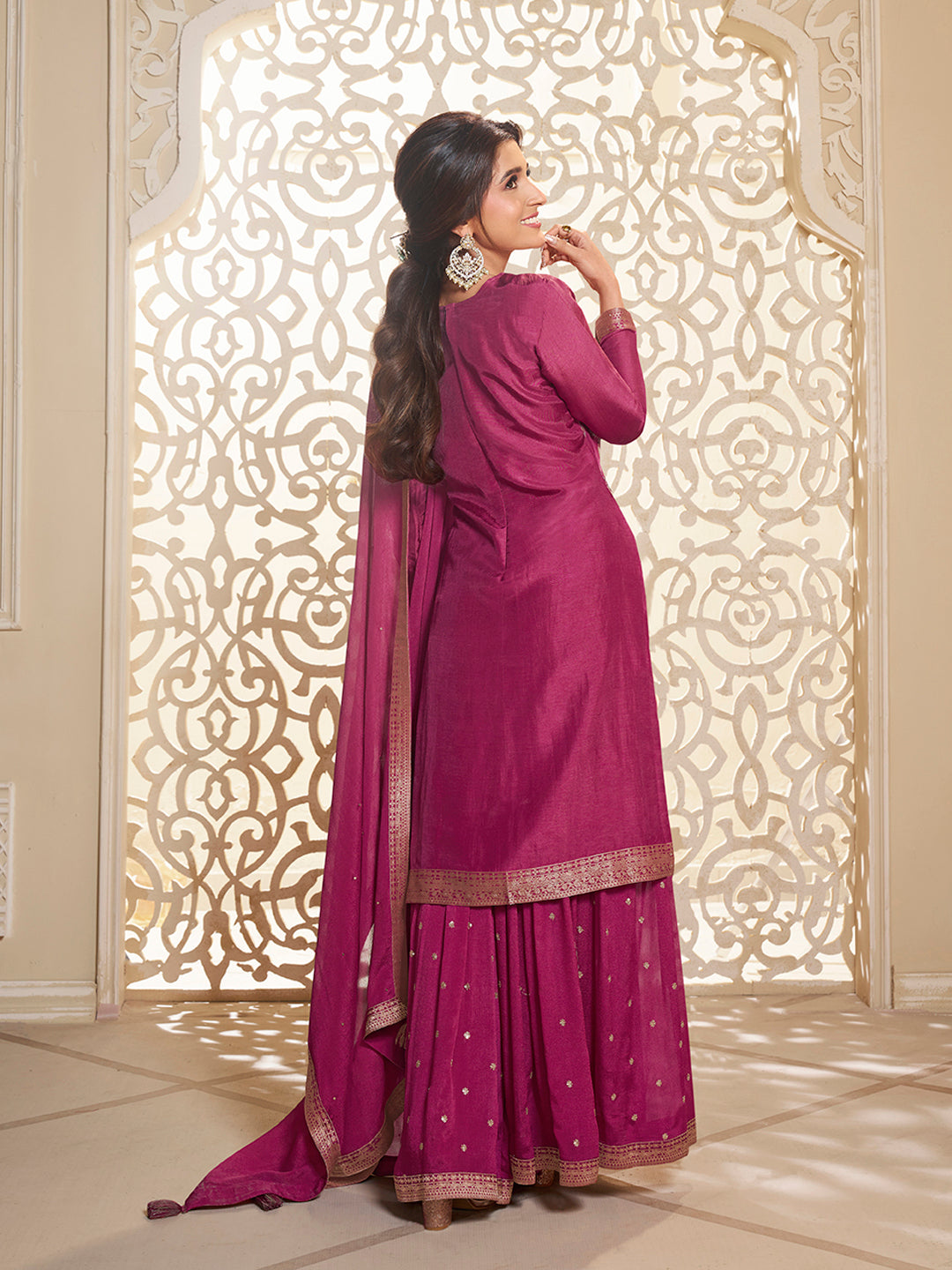 Hot Pink Printed Sharara Suit With Floral Digital Dola Jacquard