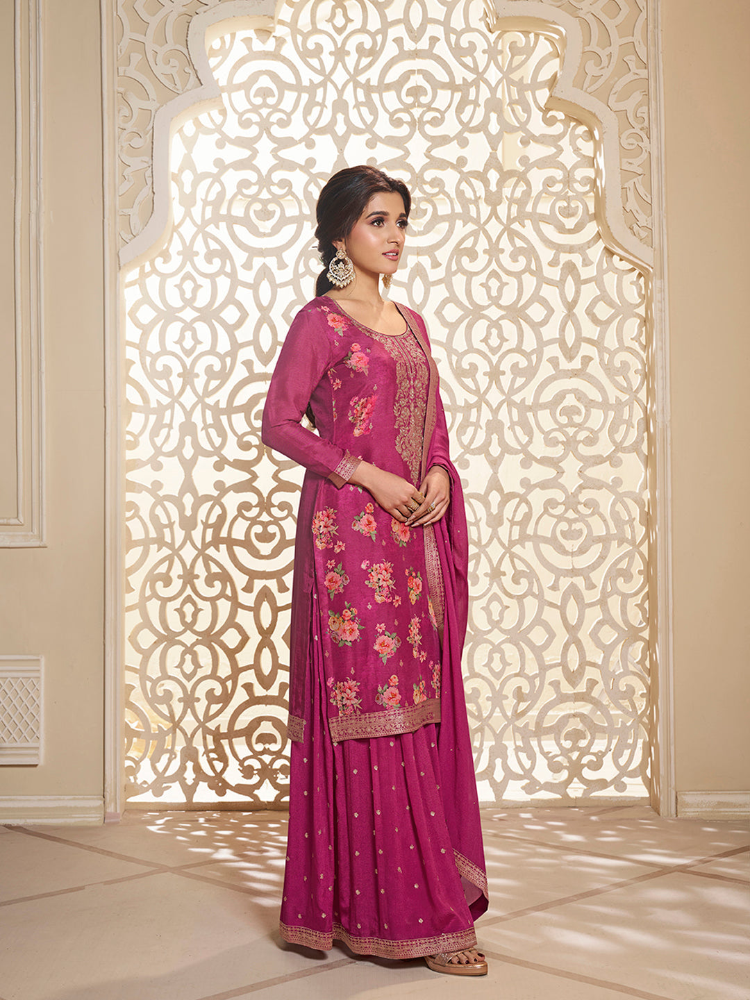 Hot Pink Printed Sharara Suit With Floral Digital Dola Jacquard