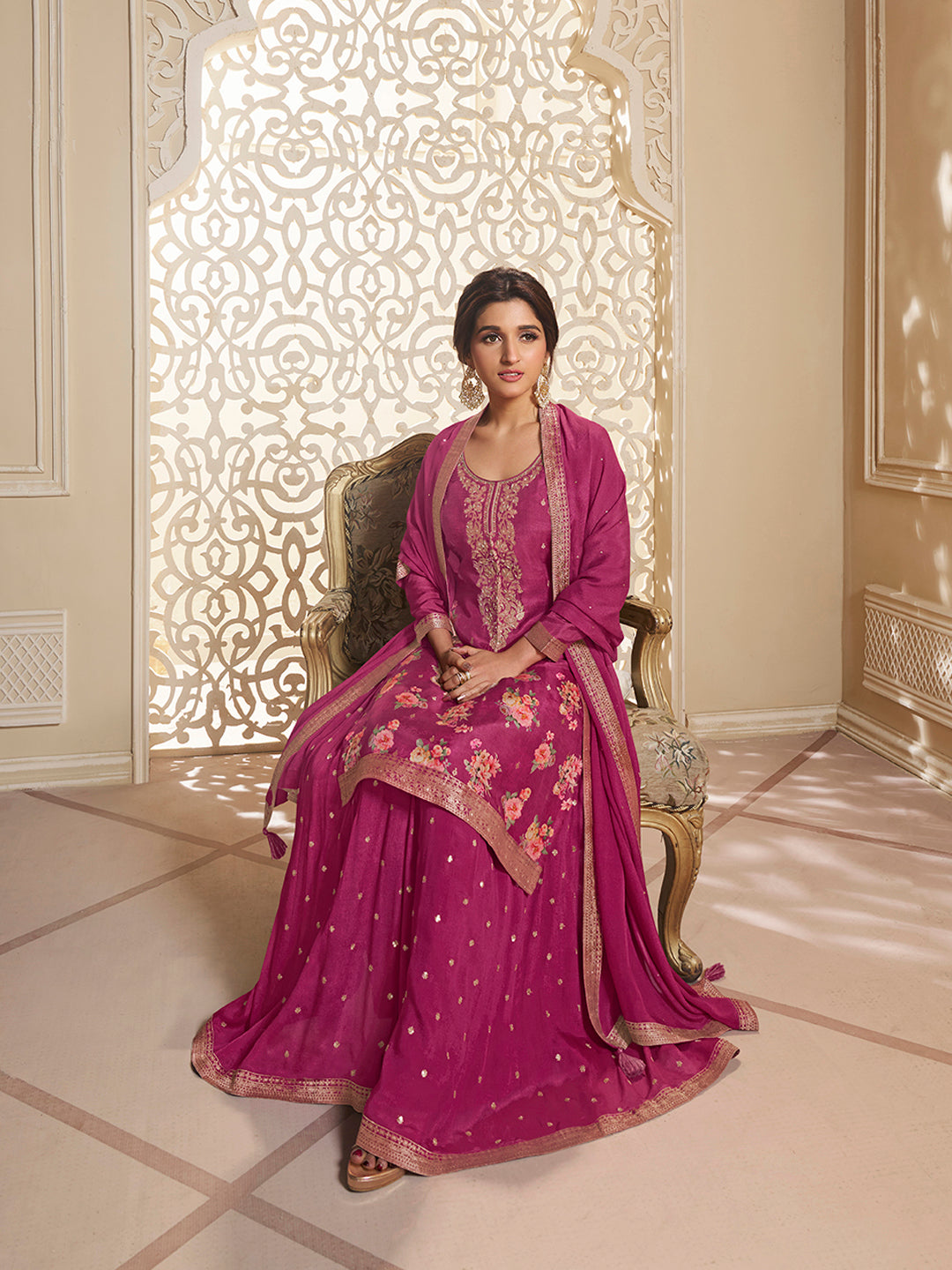 Hot Pink Printed Sharara Suit With Floral Digital Dola Jacquard