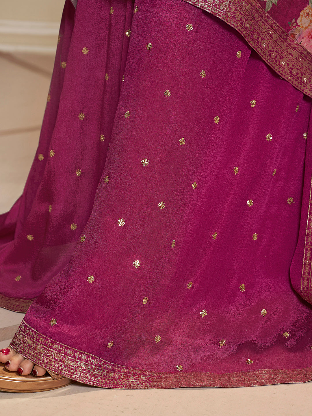 Hot Pink Printed Sharara Suit With Floral Digital Dola Jacquard