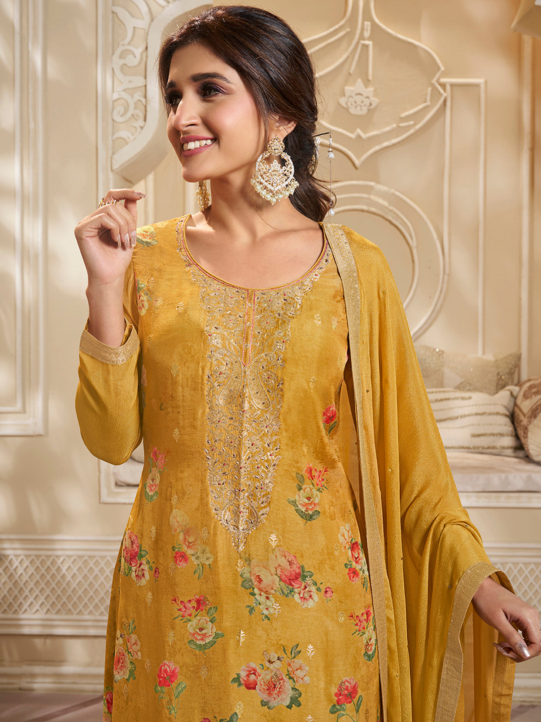Yellow Dola Jacquard Digital Floral Printed Sharara Suit Set - qivii