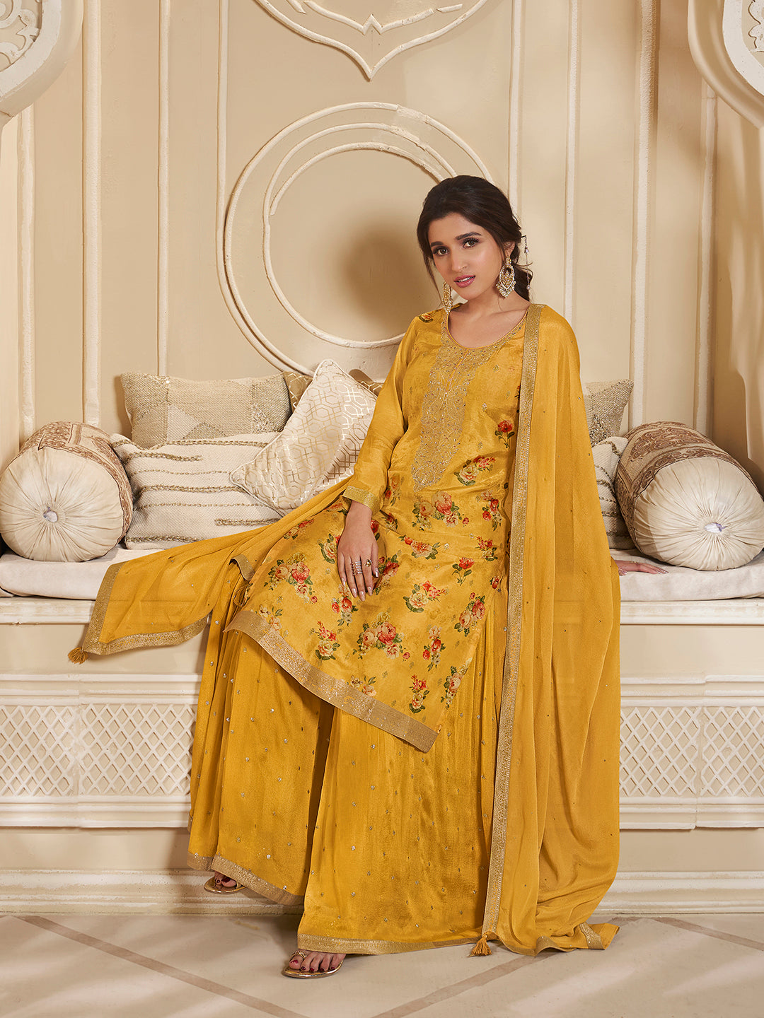 Yellow Dola Jacquard Digital Floral Printed Sharara Suit Set - qivii