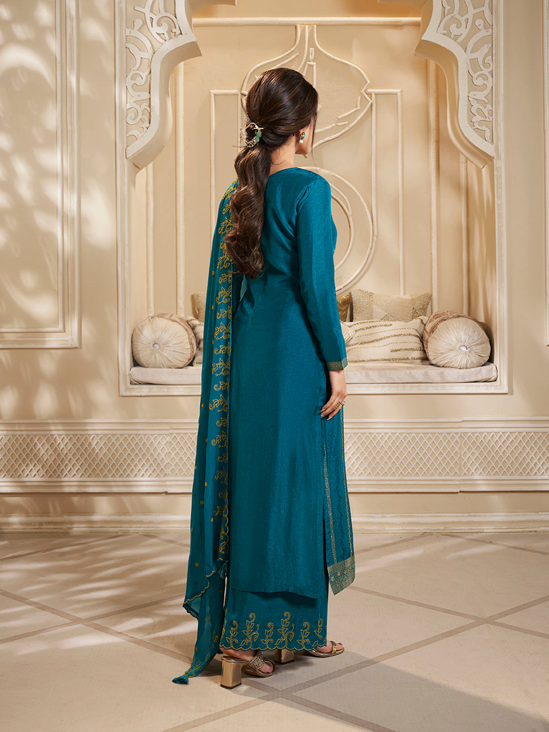 Blue Dola Silk Palazzo Suit Set with Zari and Self Weave Top - qivii