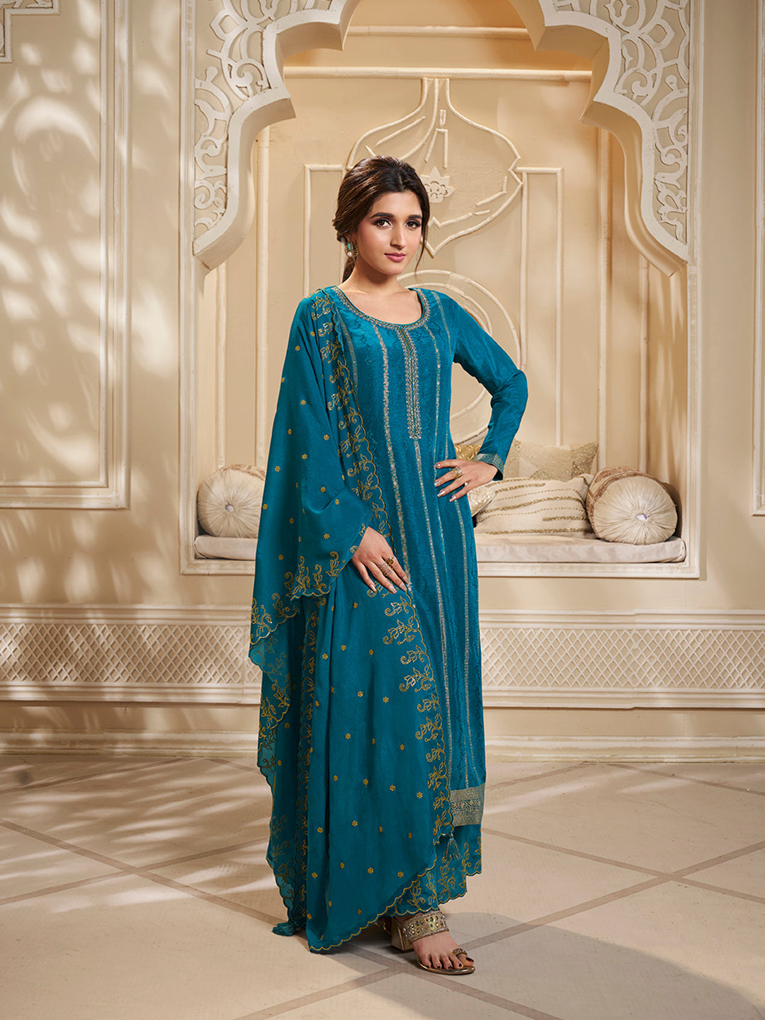 Blue Dola Silk Palazzo Suit Set with Zari and Self Weave Top - qivii