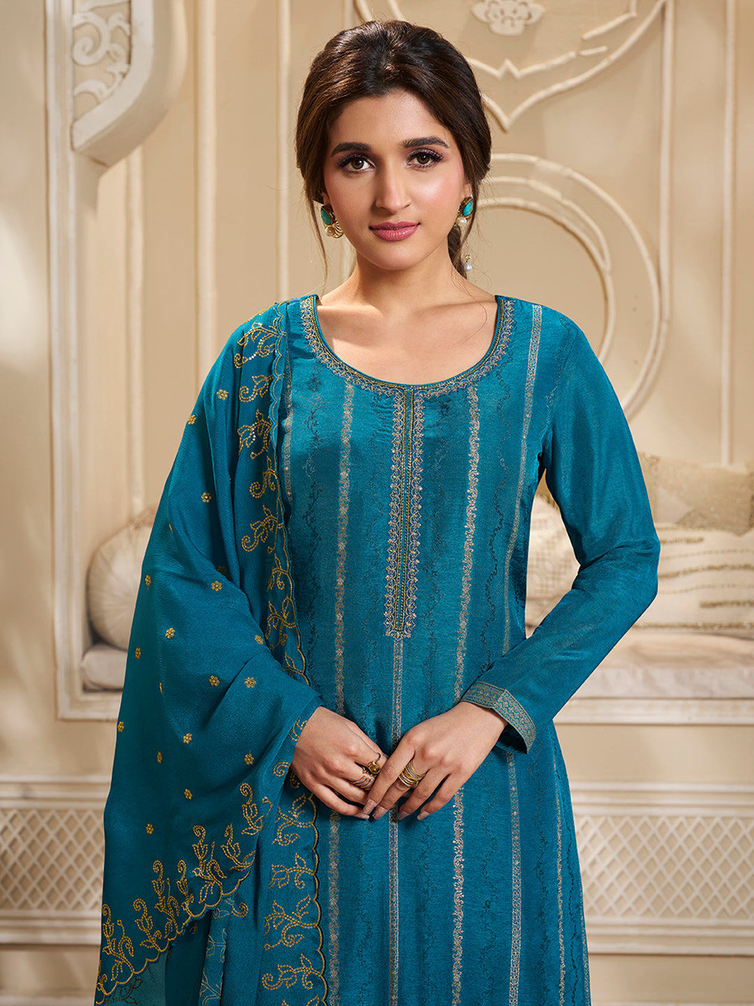 Blue Dola Silk Palazzo Suit Set with Zari and Self Weave Top - qivii