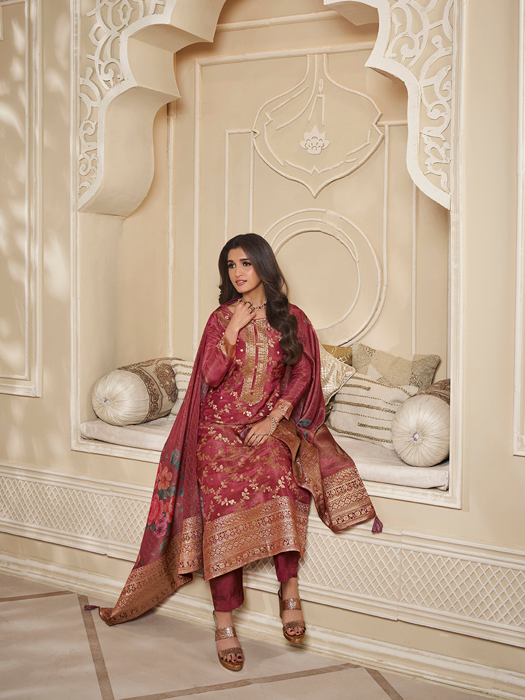 Red Tissue Jacquard Kurta Suit Set with Jaal Pattern and Handcrafted Buttons