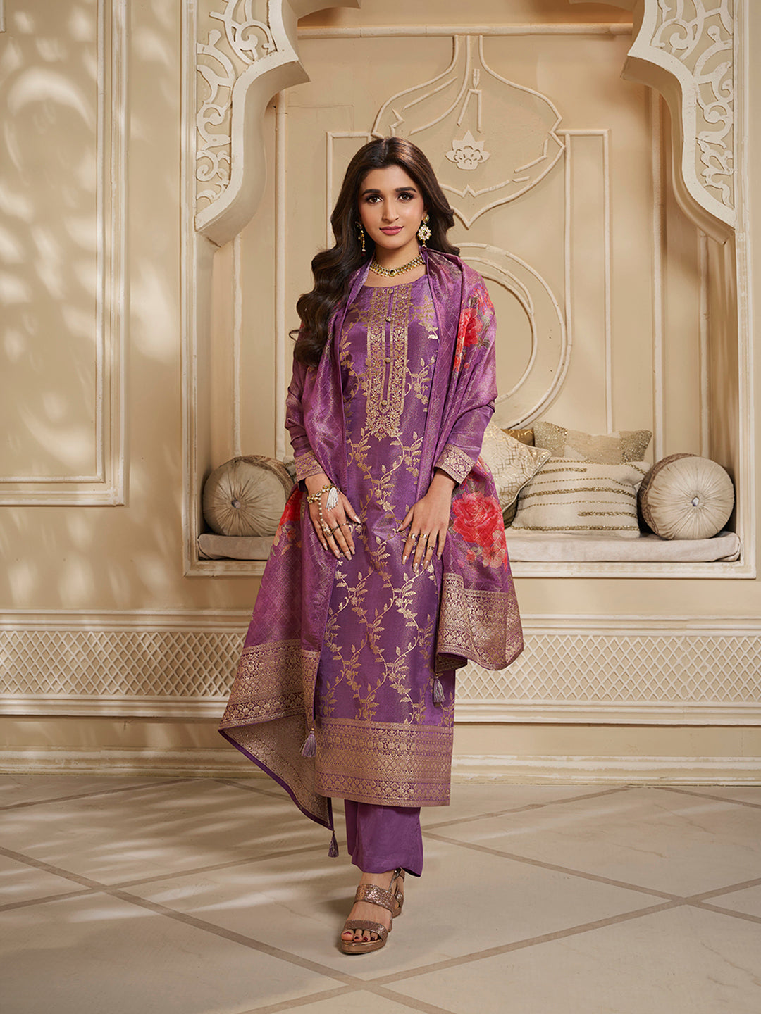 Purple Tissue Jacquard Kurta Suit Set with Jaal Pattern and Handcrafted Buttons