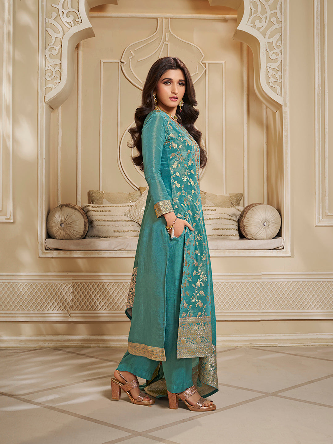 Turquoise Tissue Jacquard Kurta Suit Set with Jaal Pattern and Handcrafted Buttons