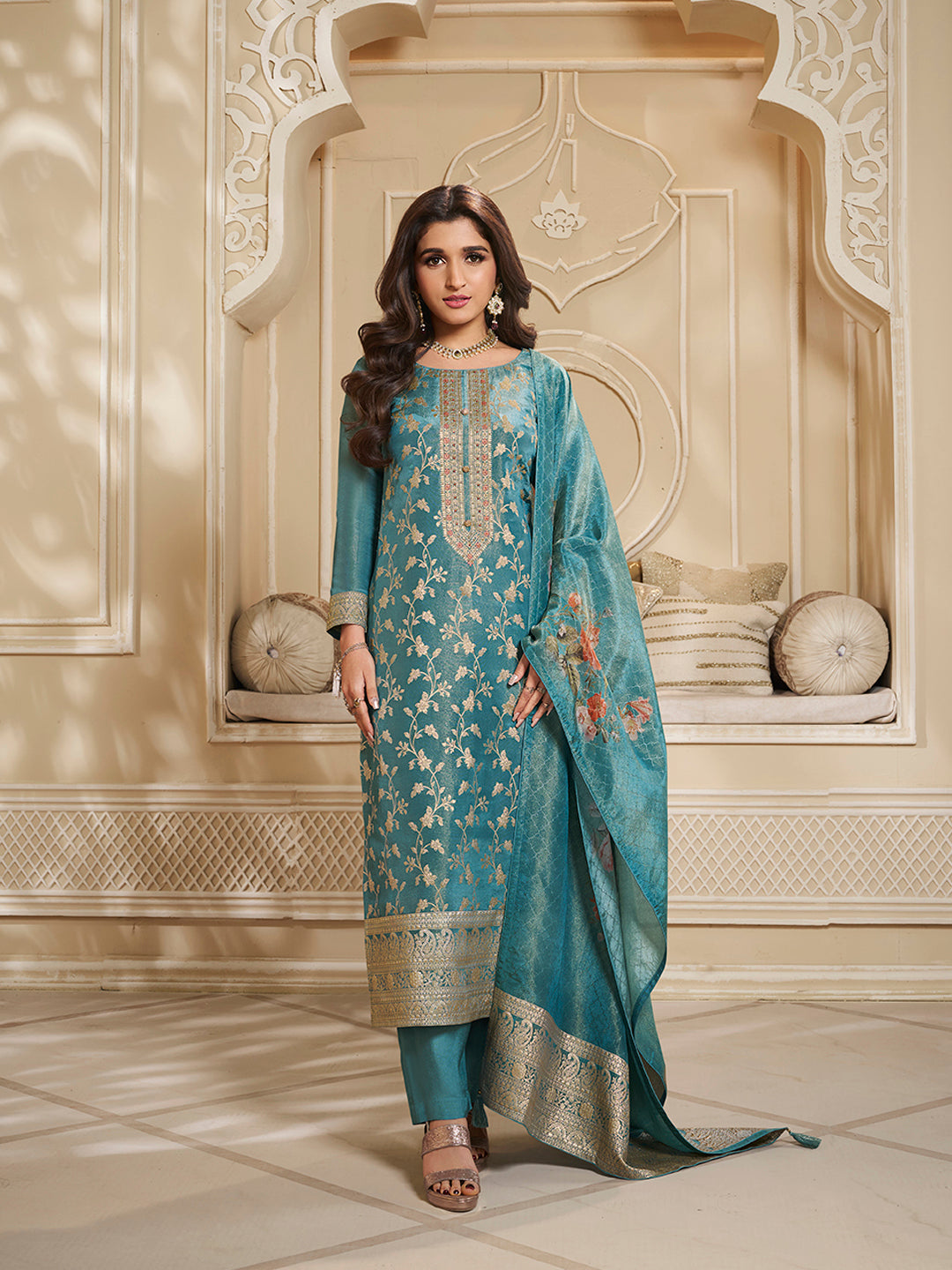 Turquoise Tissue Jacquard Kurta Suit Set with Jaal Pattern and Handcrafted Buttons
