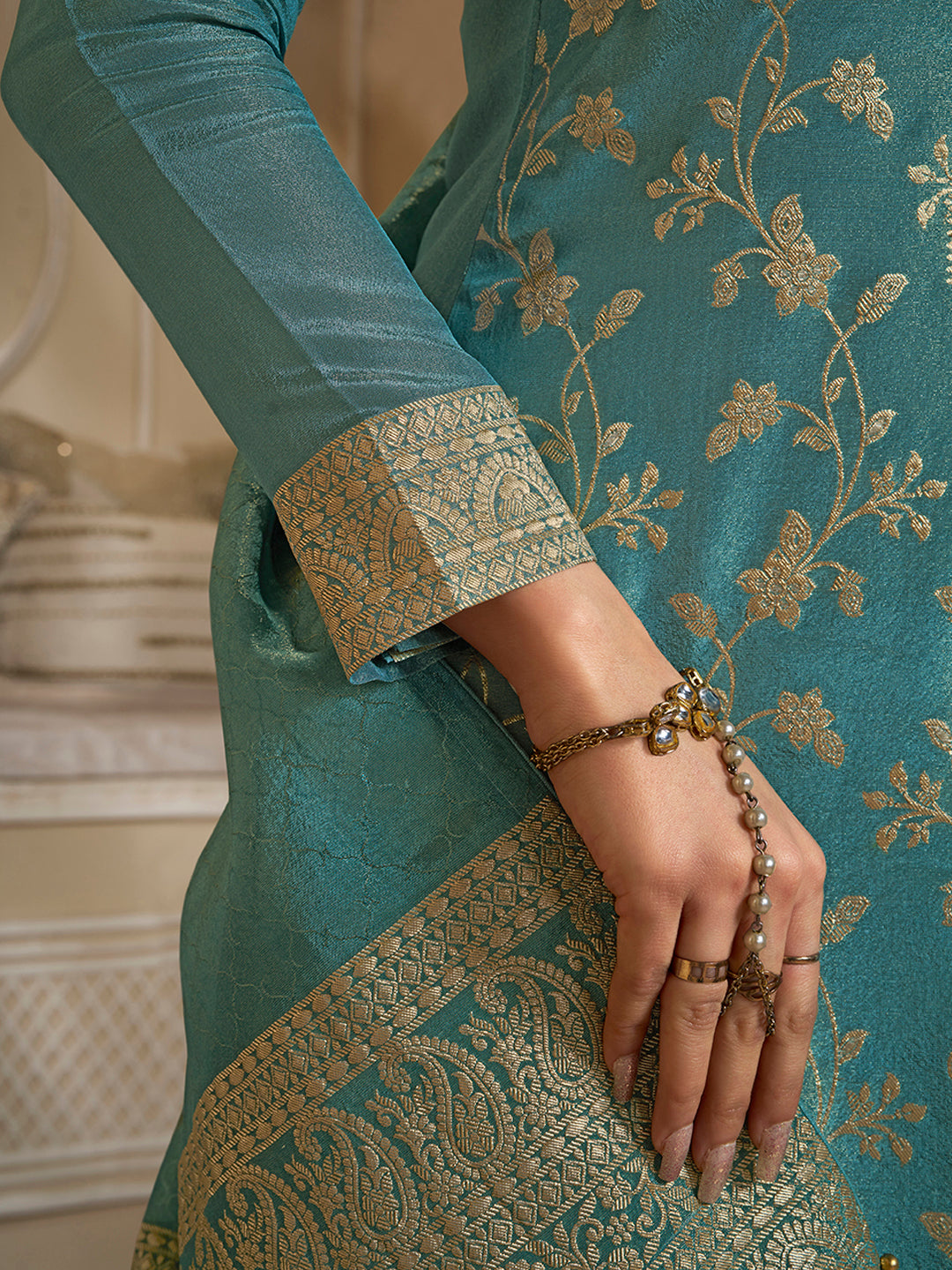 Turquoise Tissue Jacquard Kurta Suit Set with Jaal Pattern and Handcrafted Buttons