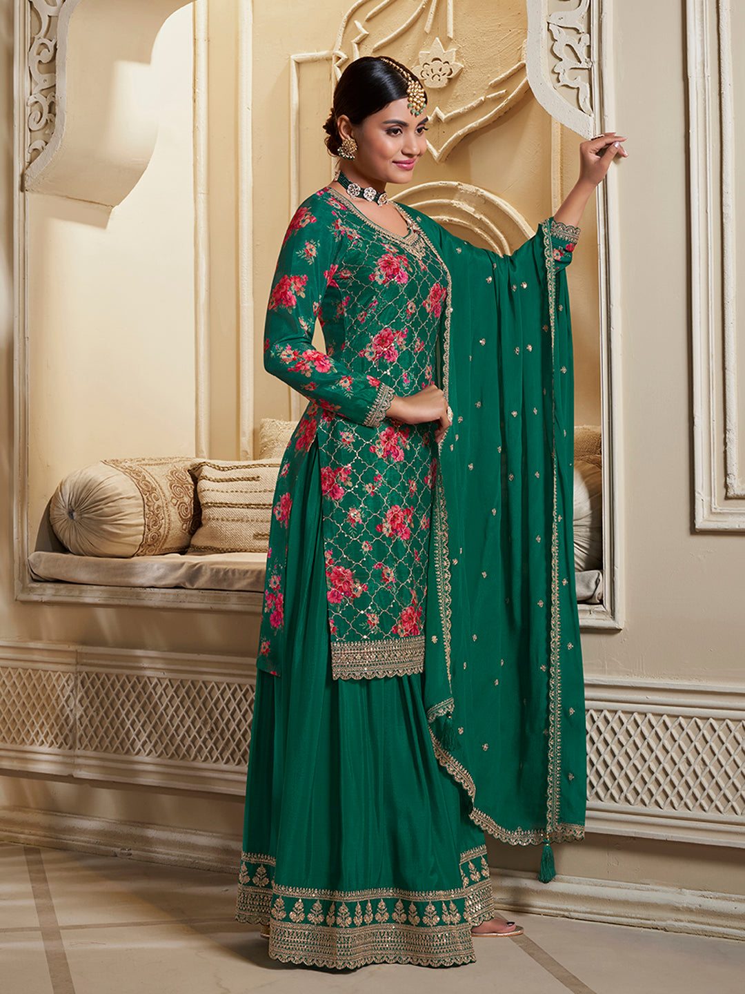 Green Digital Floral Printed Embroidered Sharara Suit Set - qivii