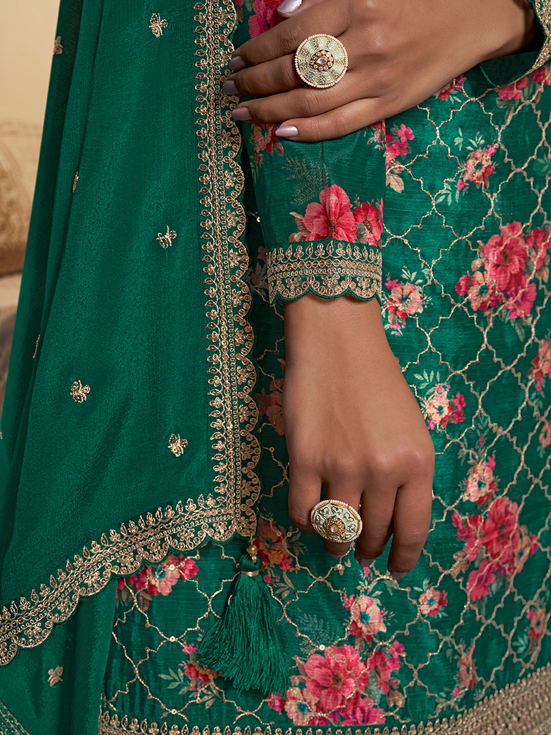 Green Digital Floral Printed Embroidered Sharara Suit Set