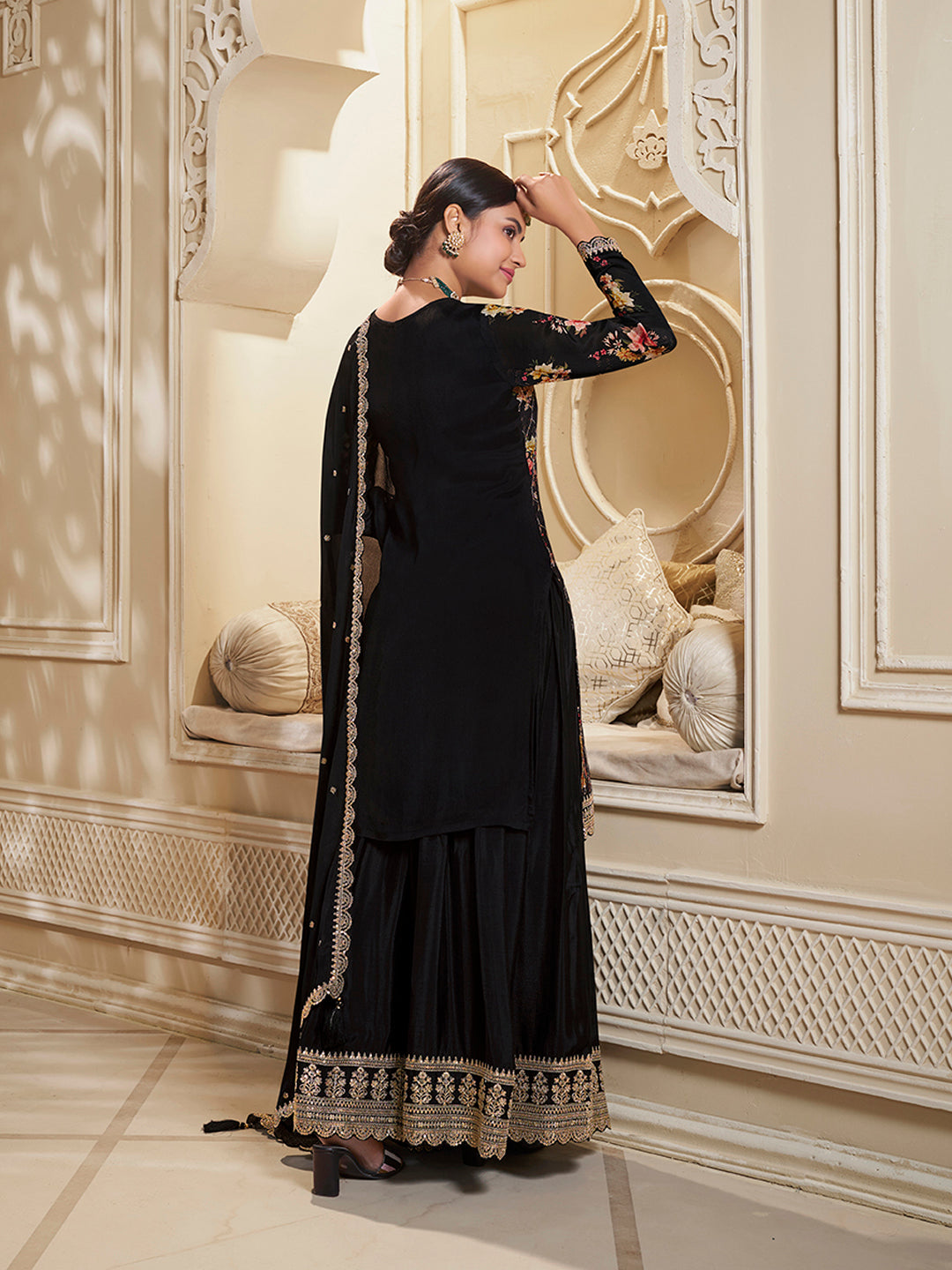 Black Digital Floral Printed Embroidered Sharara Suit Set - qivii
