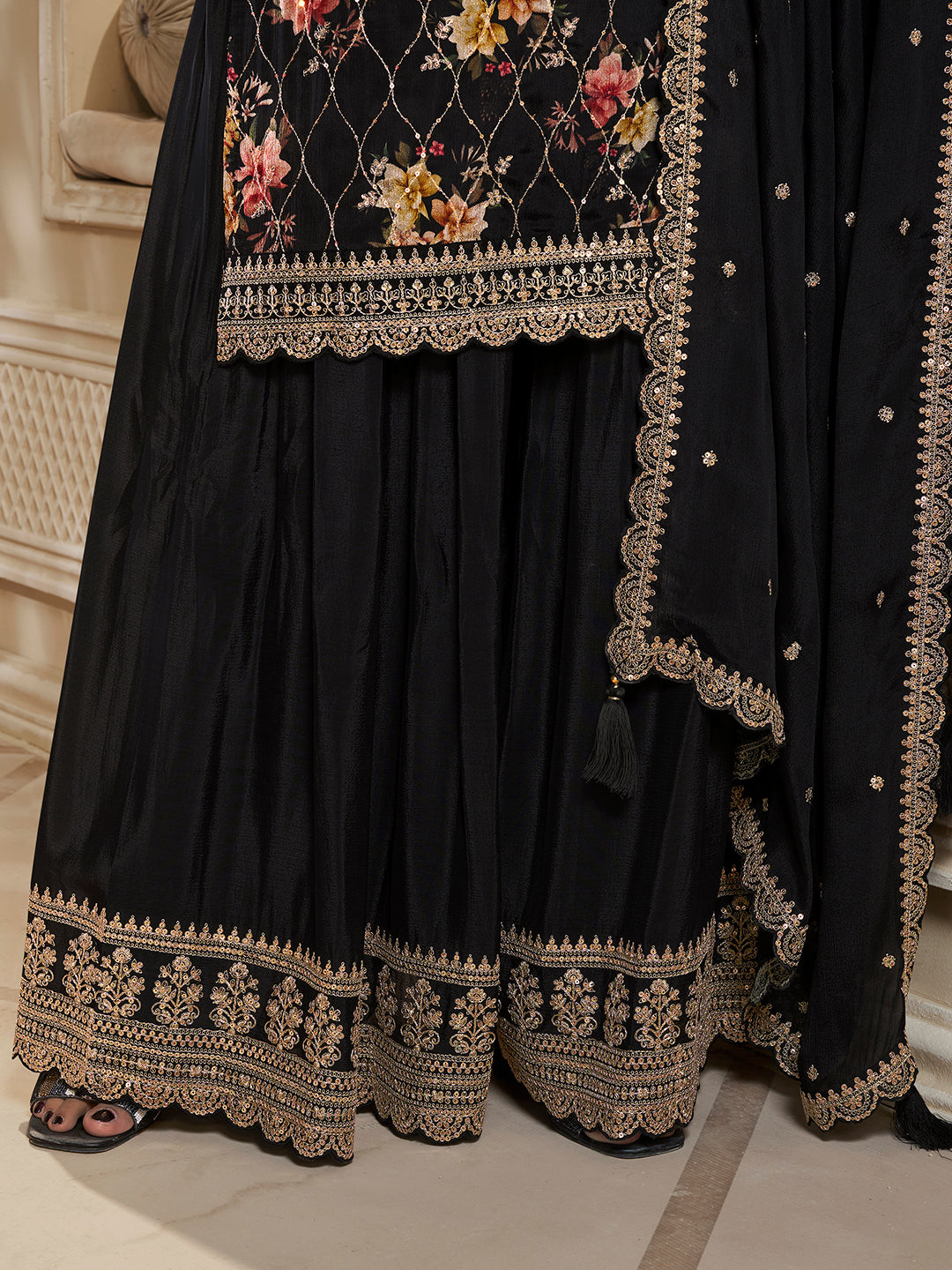 Black Digital Floral Printed Embroidered Sharara Suit Set - qivii