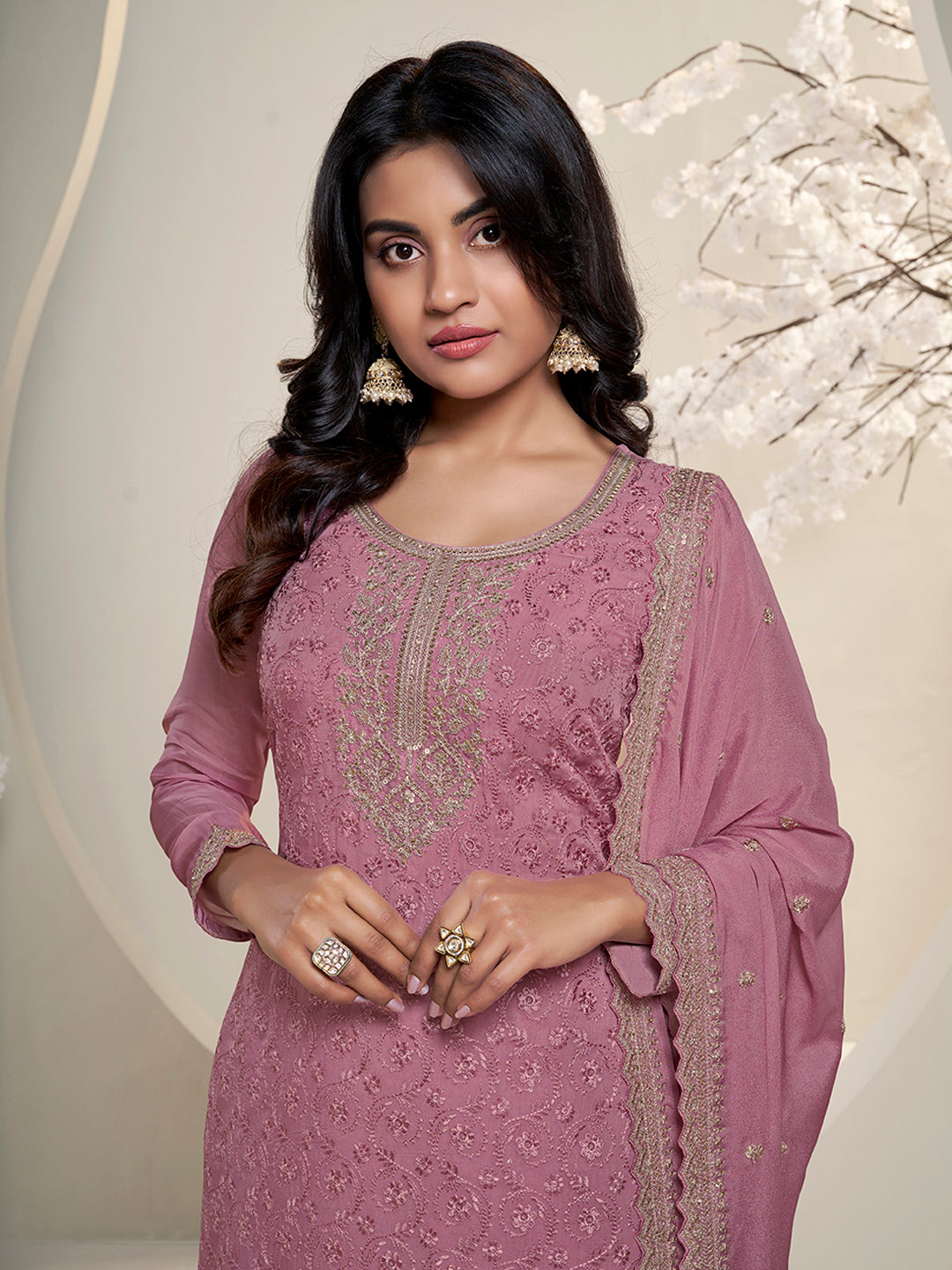 Pink Floral Pattern Schiffli Thread and Sequins Embroidery Kurta Suit Set