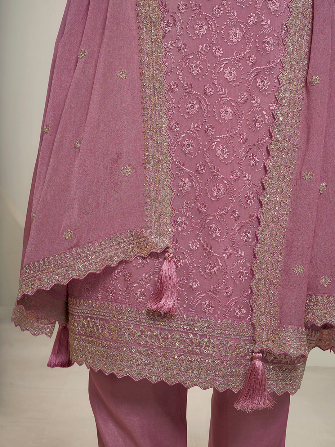 Pink Floral Pattern Schiffli Thread and Sequins Embroidery Kurta Suit Set