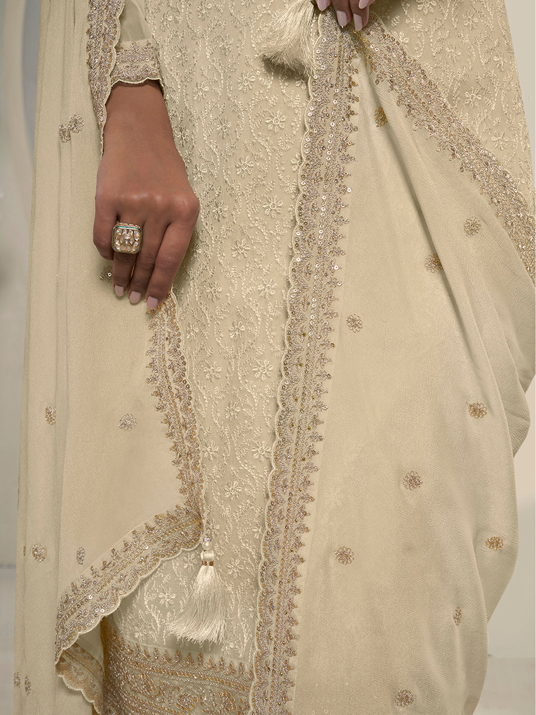 Off White Floral Pattern Schiffli Thread and Sequins Embroidery Kurta Suit Set