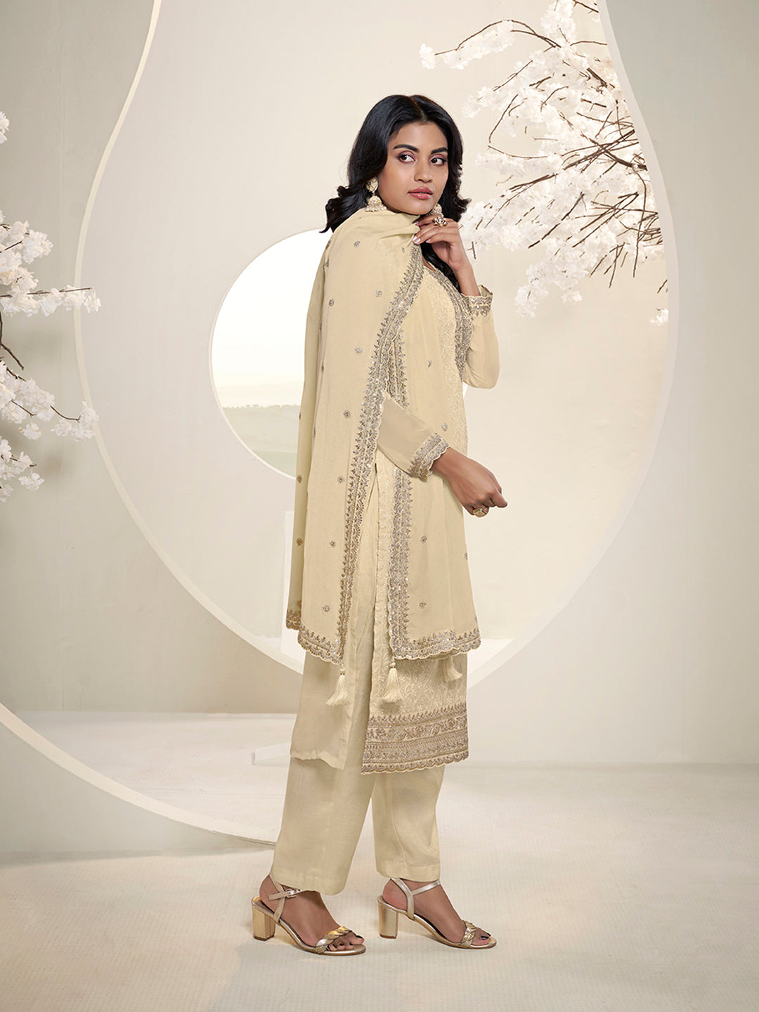 Off White Floral Pattern Schiffli Thread and Sequins Embroidery Kurta Suit Set