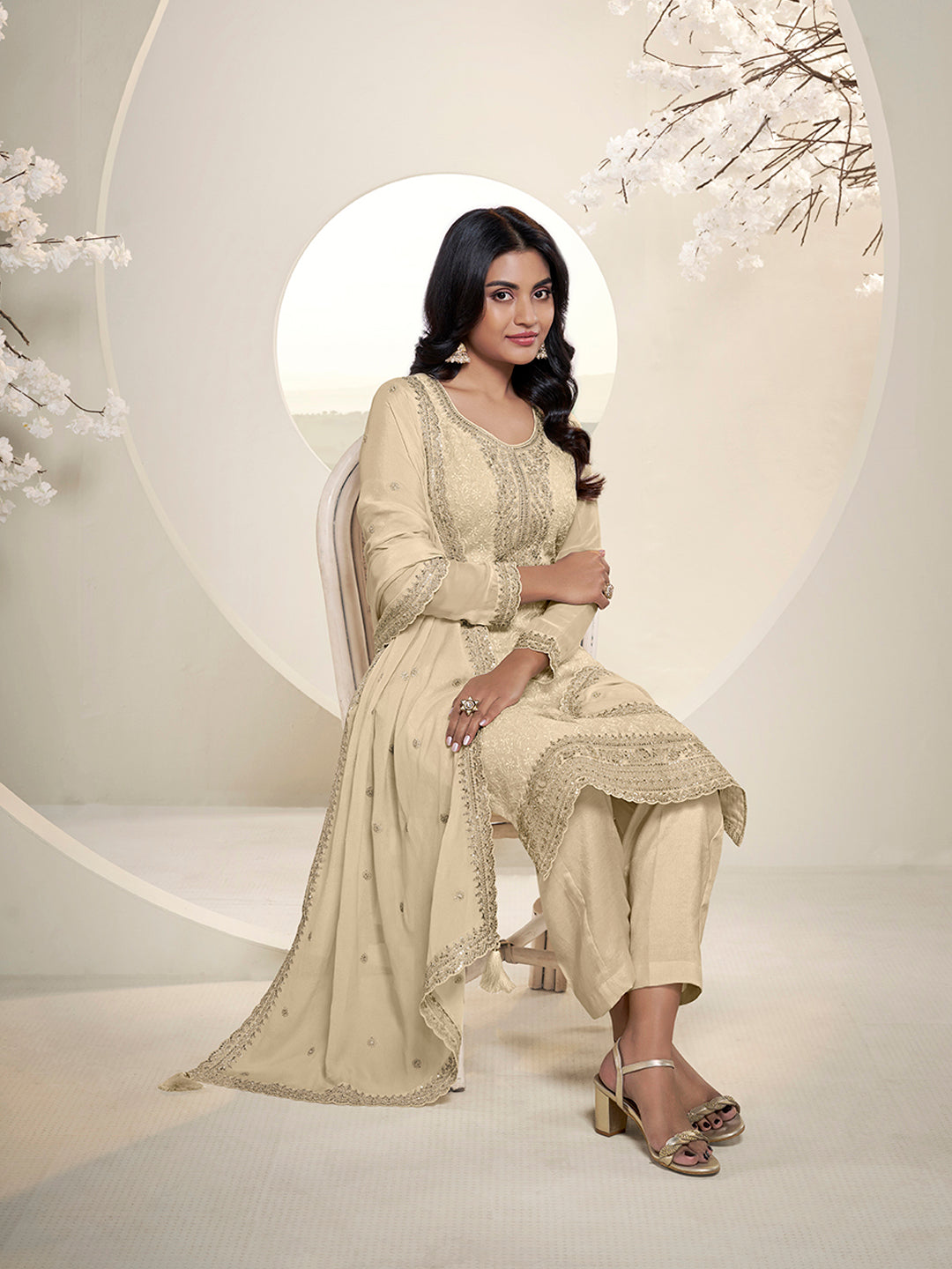 Off White Floral Pattern Schiffli Thread and Sequins Embroidery Kurta Suit Set