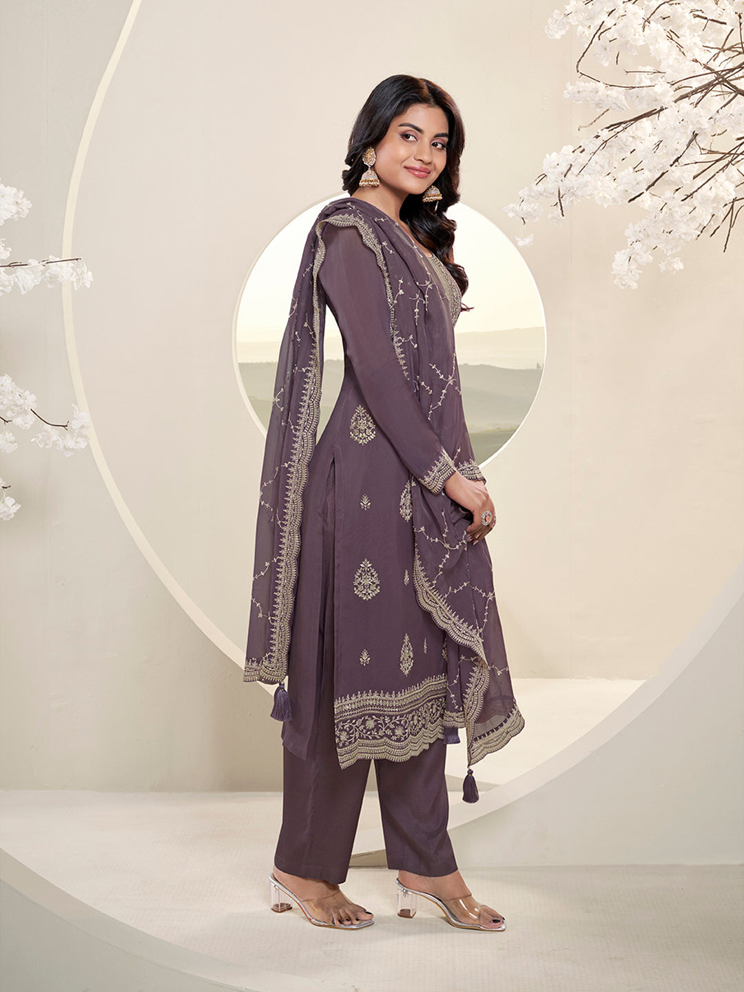 Dark Purple Kurta Set in Lucknowi and Sequins Embroidery