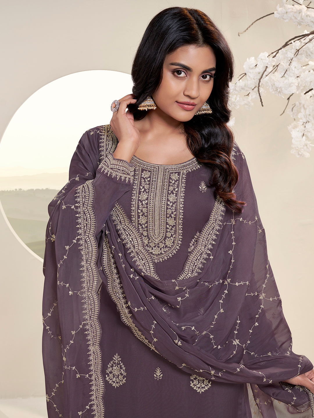 Dark Purple Kurta Set in Lucknowi and Sequins Embroidery