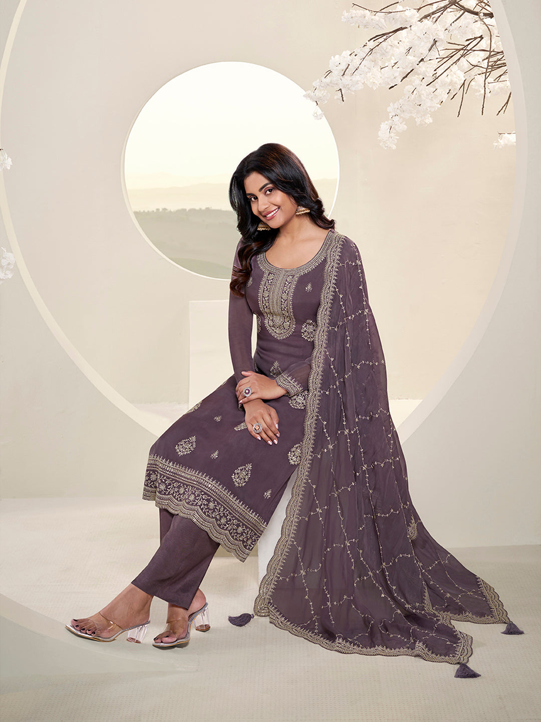 Dark Purple Kurta Set in Lucknowi and Sequins Embroidery