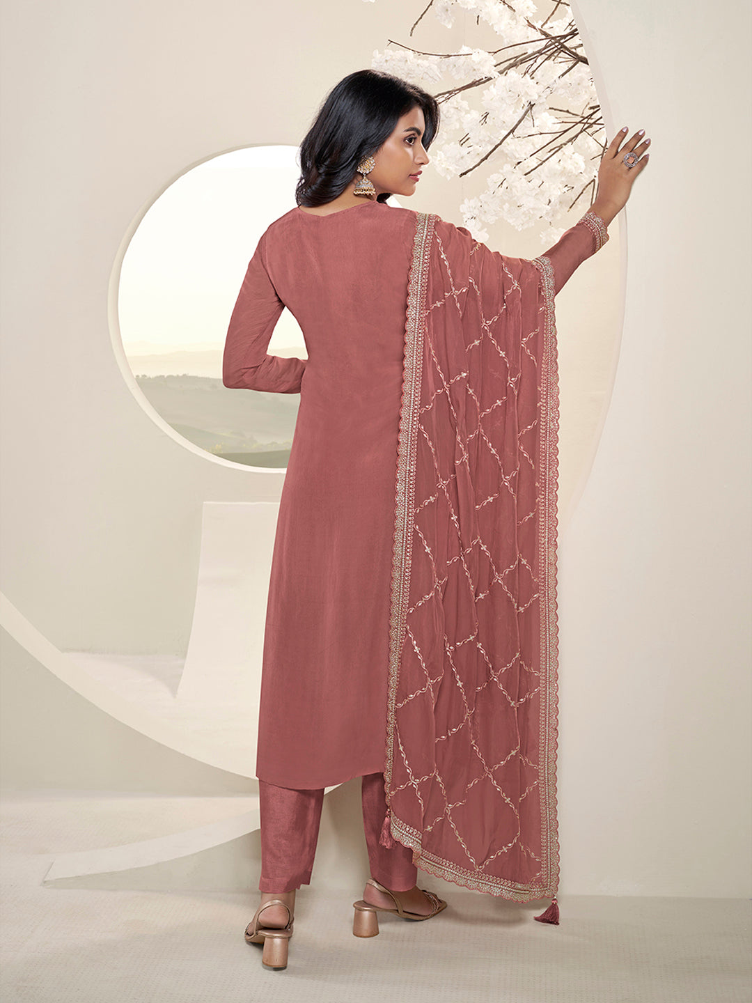 Metallic Peach Lucknowi Thread and Sequins Embroidery Kurta Suit Set