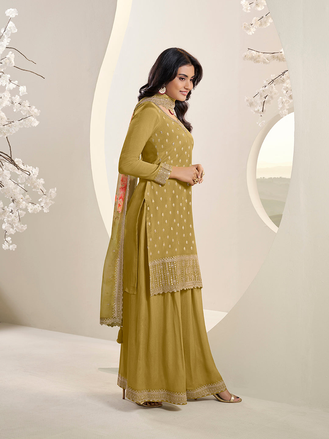 Mustard Floral Pattern Sequins Embroidered Sharara Suit Set - qivii