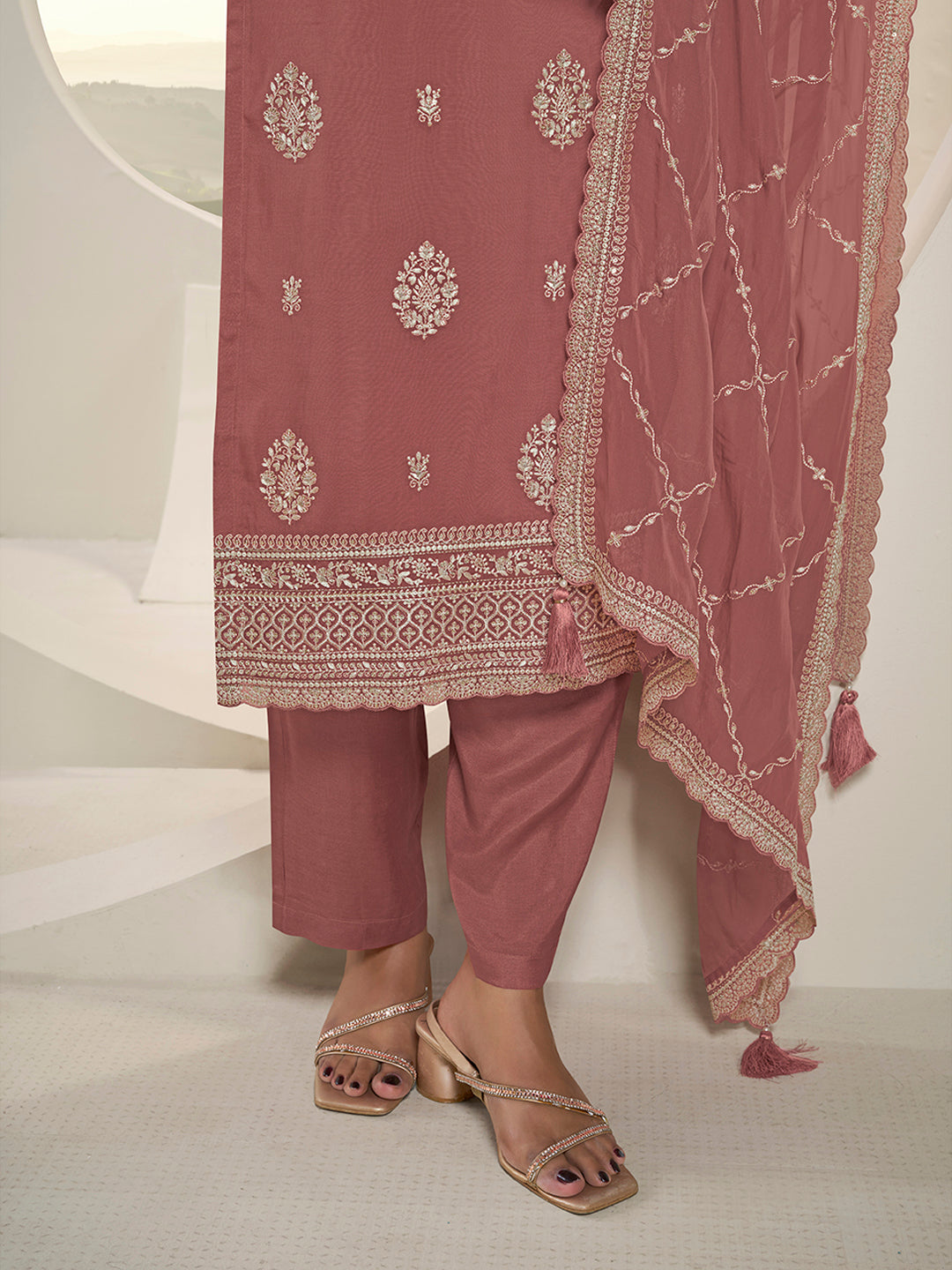 Metallic Peach Lucknowi Thread and Sequins Embroidery Kurta Suit Set