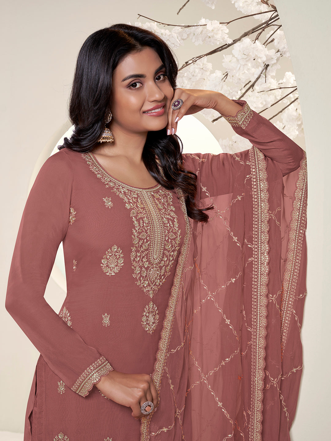 Metallic Peach Lucknowi Thread and Sequins Embroidery Kurta Suit Set