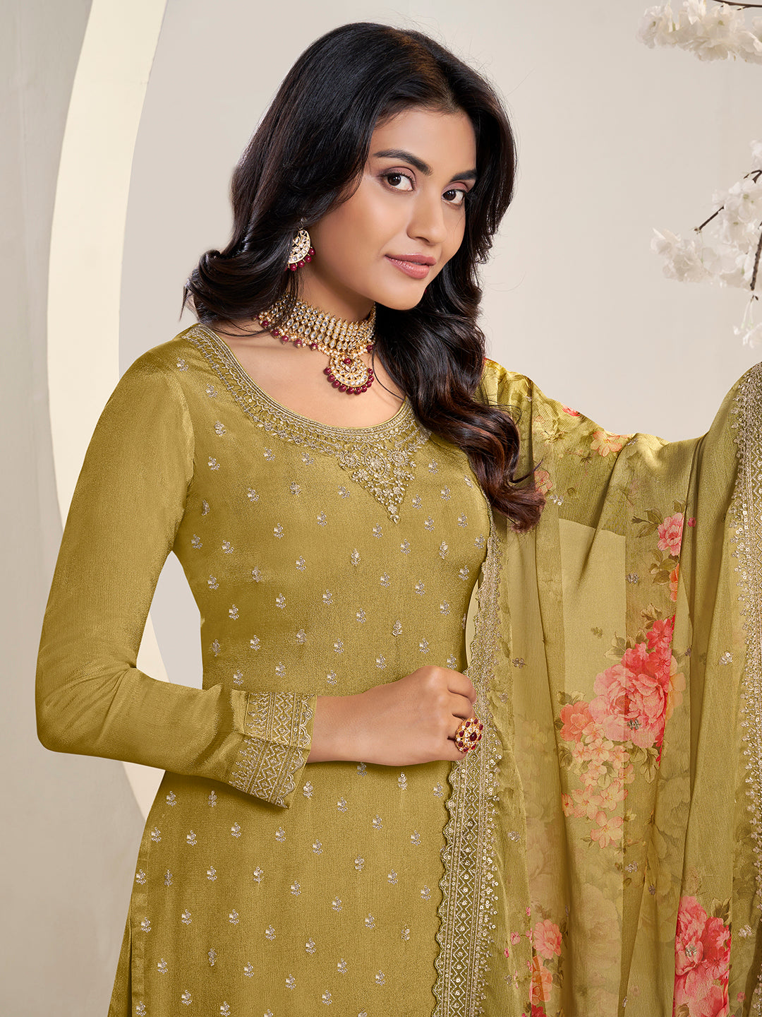 Mustard Floral Pattern Sequins Embroidered Sharara Suit Set