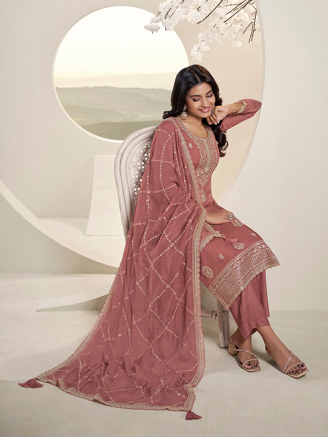 Metallic Peach Lucknowi Thread and Sequins Embroidery Kurta Suit Set