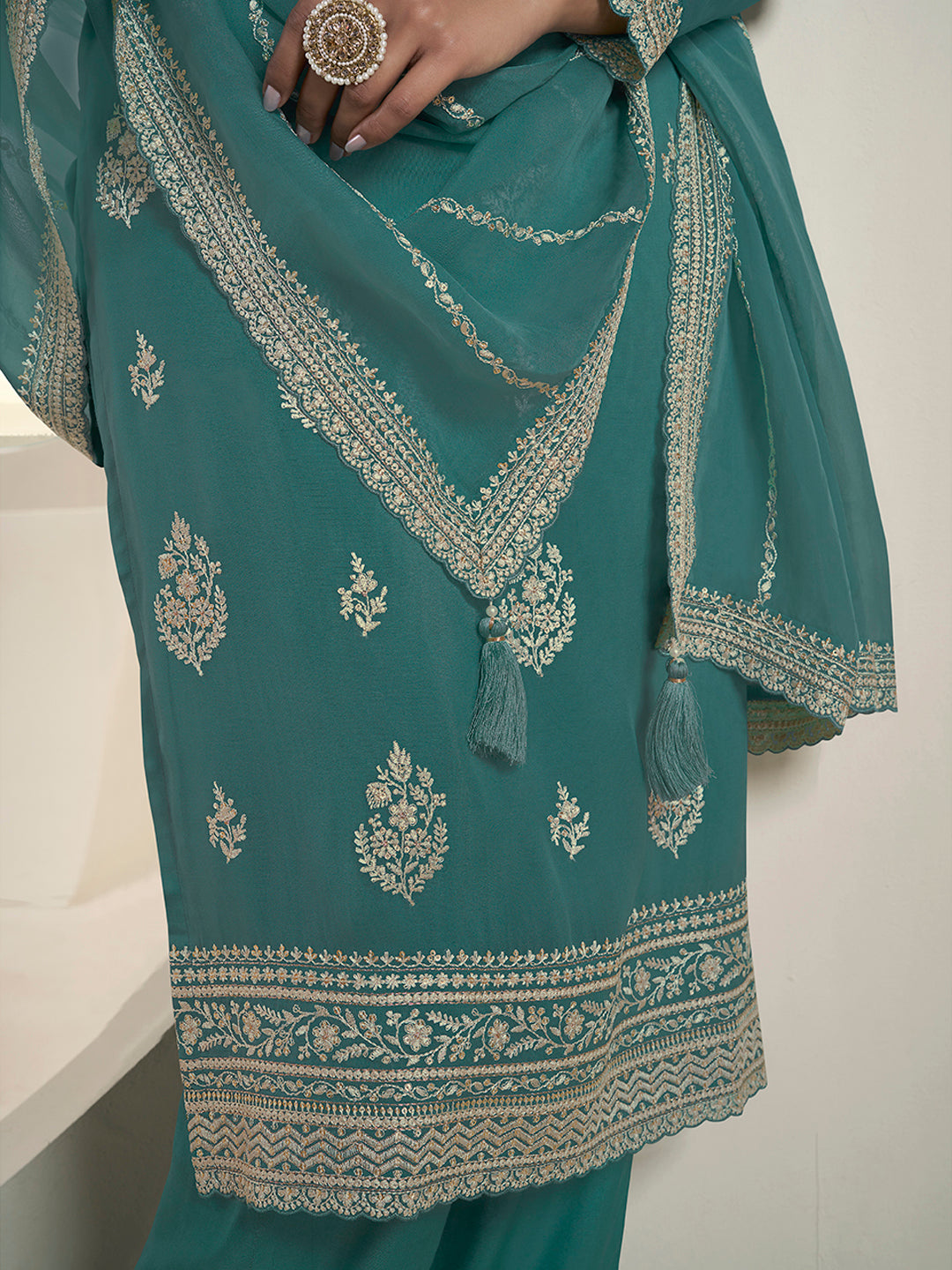 Turquoise Lucknowi Thread and Sequins Embroidery Kurta Suit Set