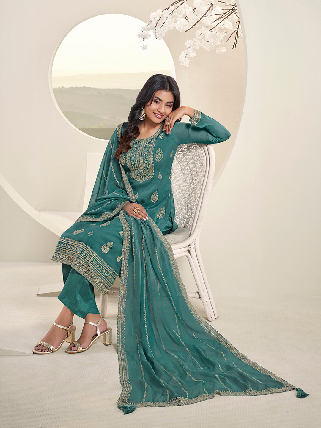 Turquoise Lucknowi Thread and Sequins Embroidery Kurta Suit Set