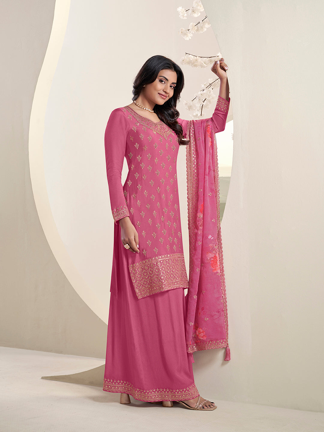 Pink Floral Pattern Sequins Embroidered Sharara Suit Set