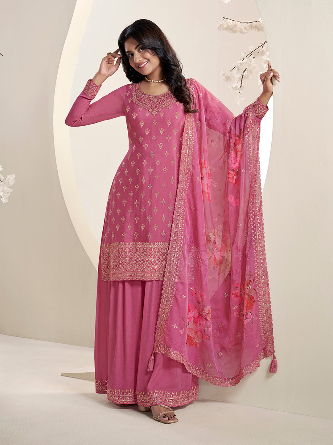 Pink Floral Pattern Sequins Embroidered Sharara Suit Set - qivii