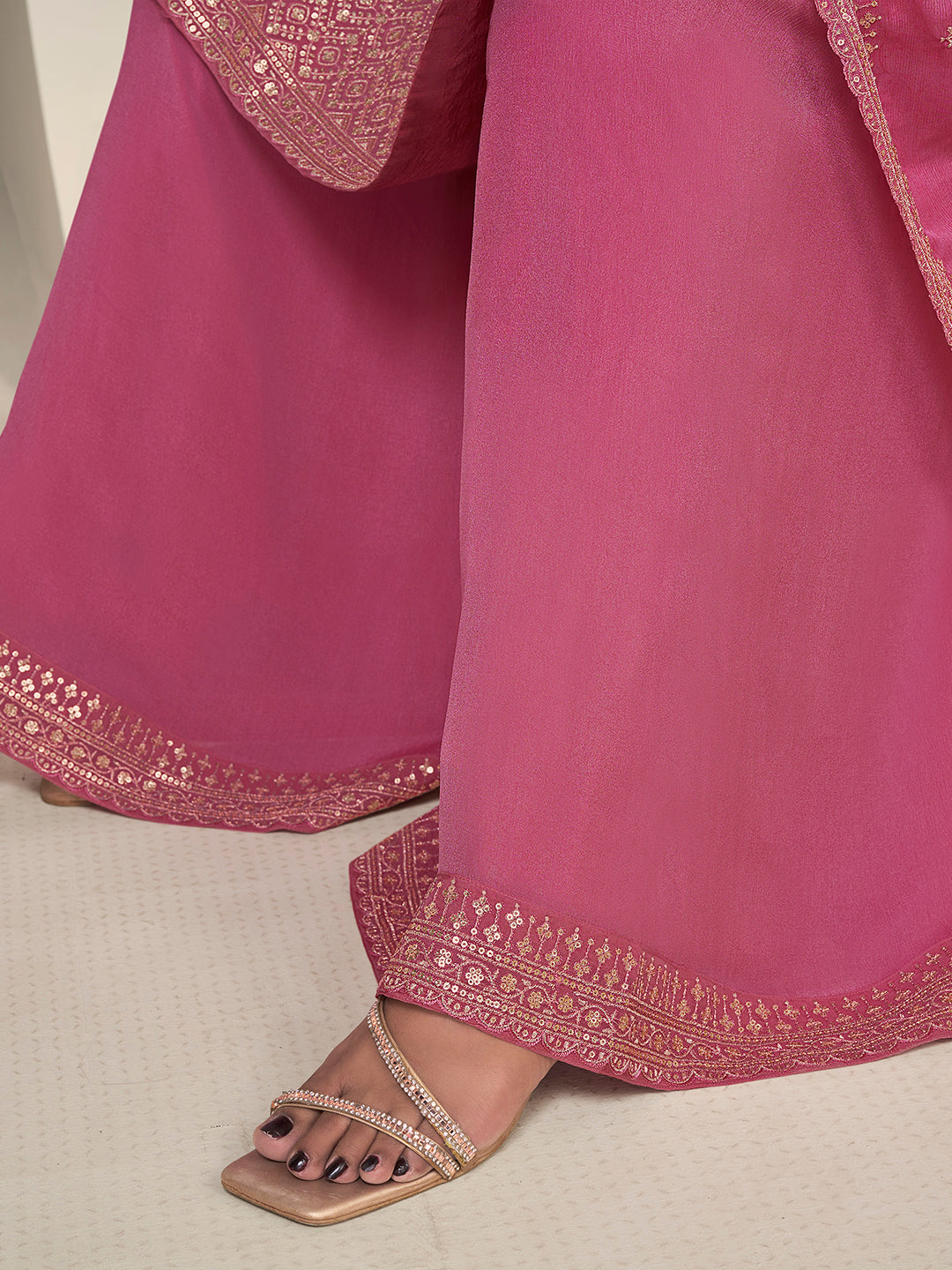 Pink Floral Pattern Sequins Embroidered Sharara Suit Set