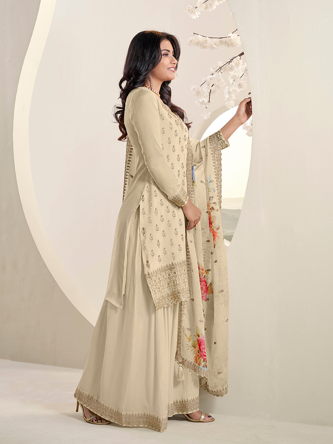 Off-white Floral Pattern Sequins Embroidered Sharara Suit Set