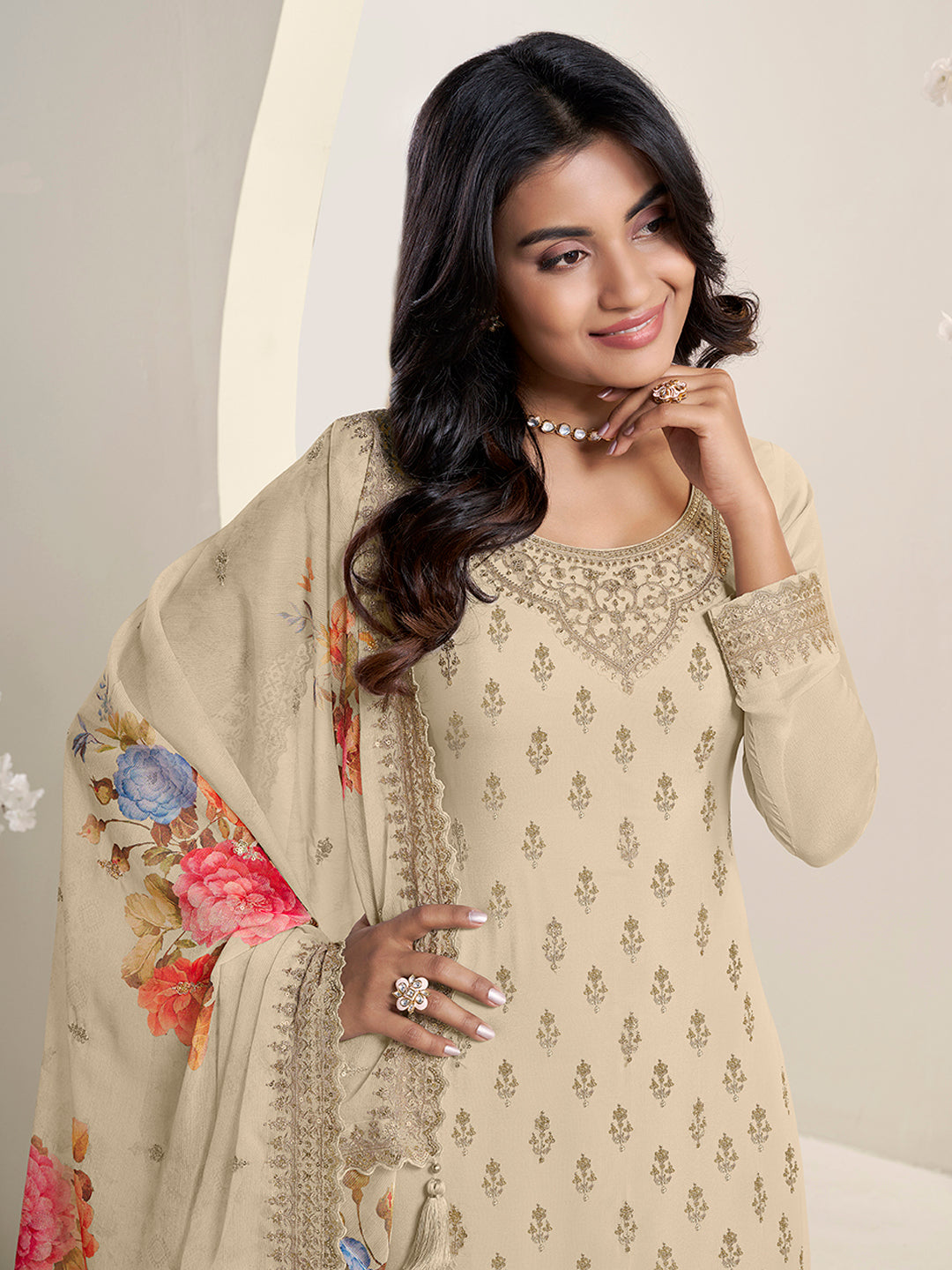 Off-white Floral Pattern Sequins Embroidered Sharara Suit Set