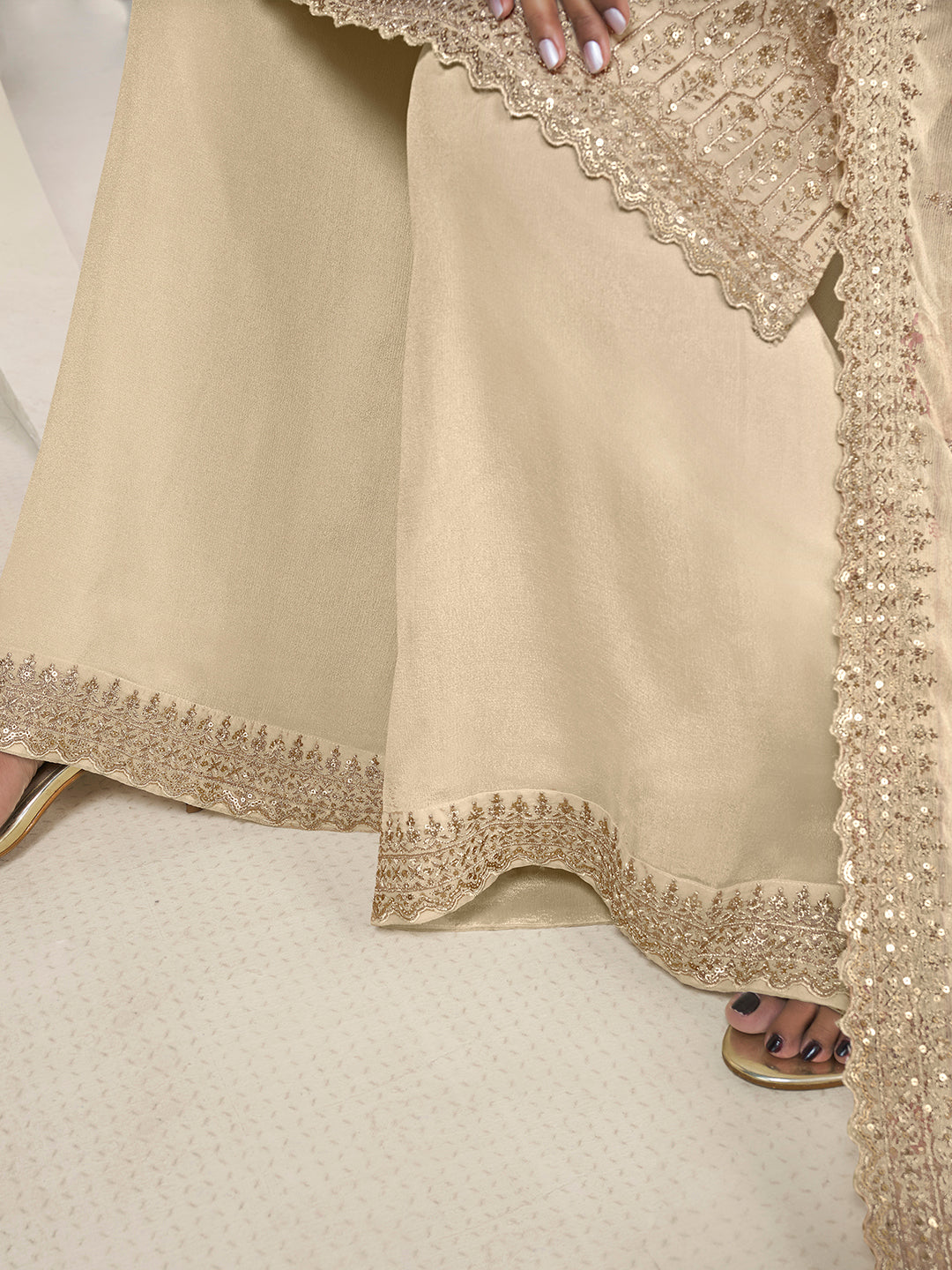 Off-white Floral Pattern Sequins Embroidered Sharara Suit Set